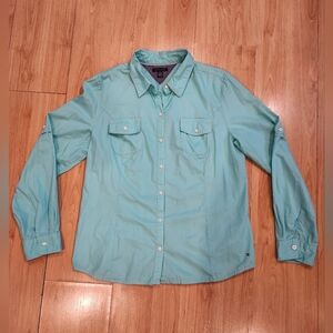 Tommy Hilfiger XL Teal Cotton Button-Up Shirt | Long Sleeve | Casual Classic